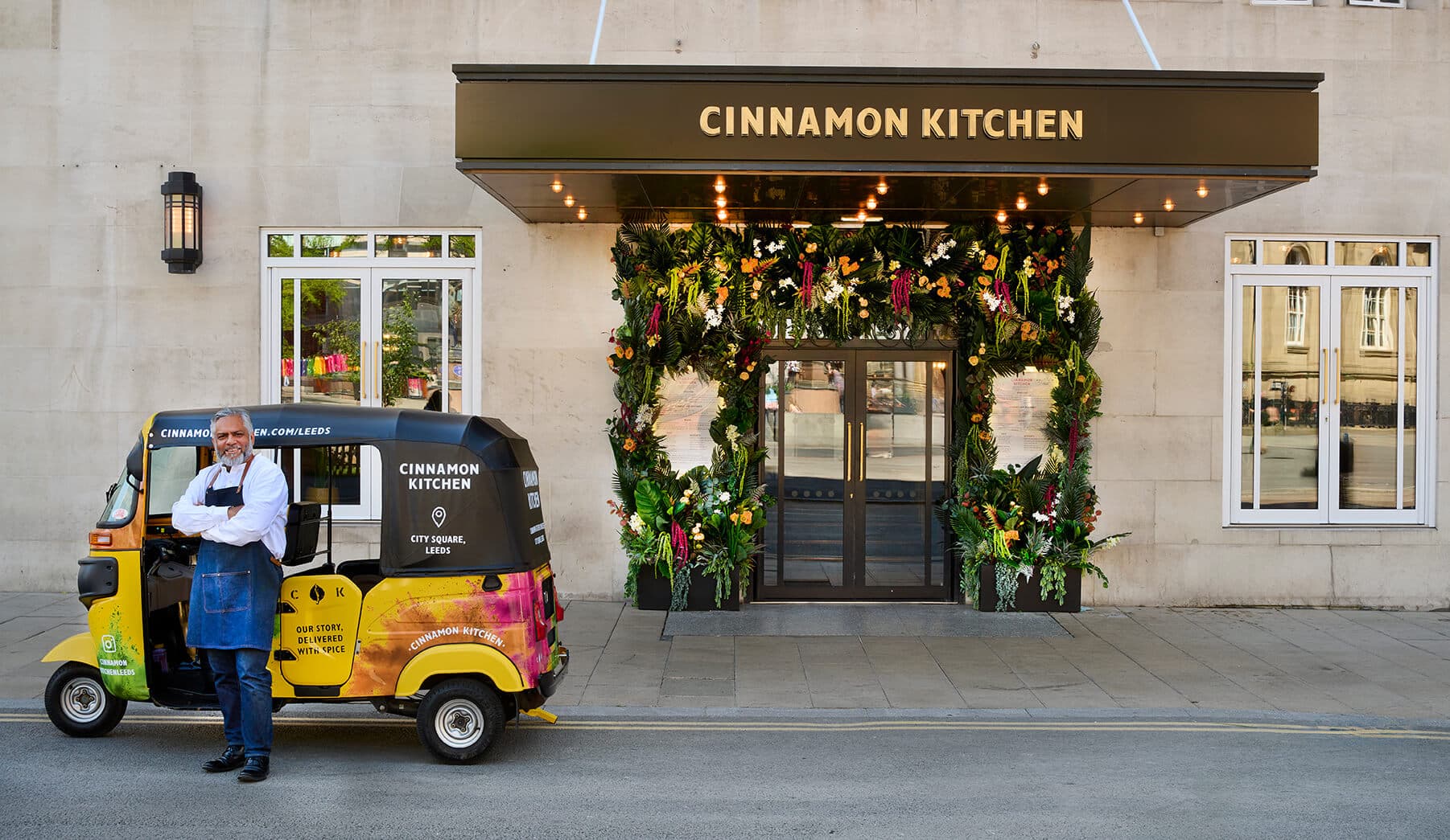 Outside the main entrance at Cinnamon Kitchen in Leeds